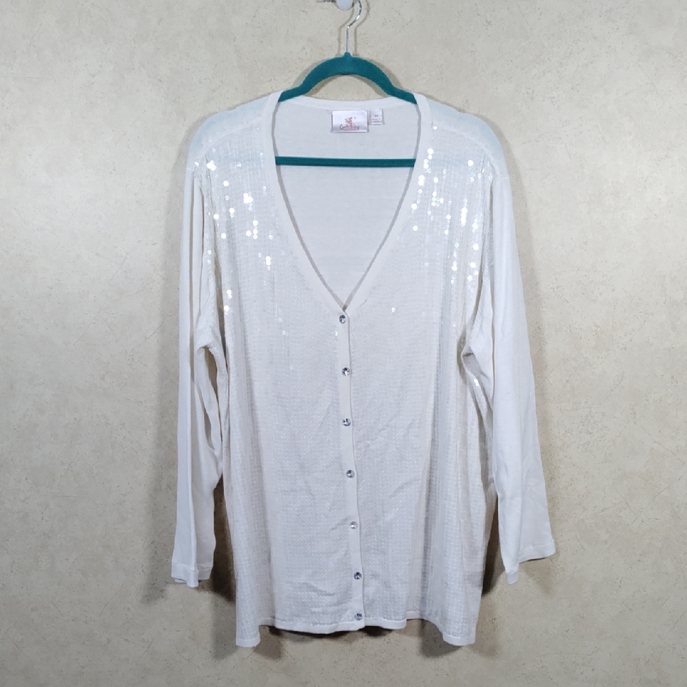04179 Quacker Factory cream w/sequins v-neck button cardigan 3X
